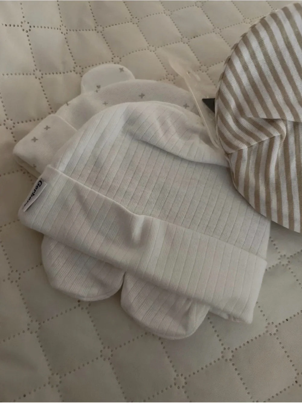 Gerber Neutral Stripe Baby Beanie Set - Beige & White